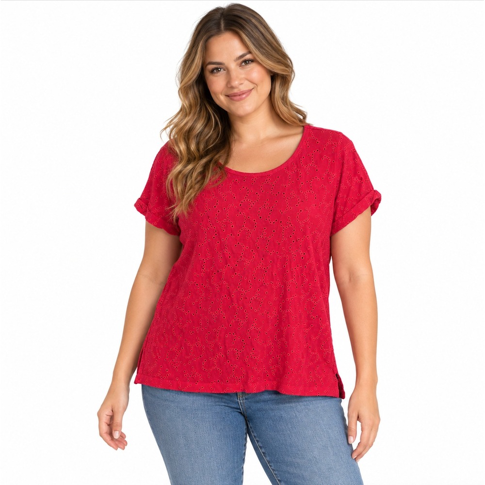 Sundance Pink Eyelet Embroidered Scoop Neck Cuffed Short Sleeve Top LARGE